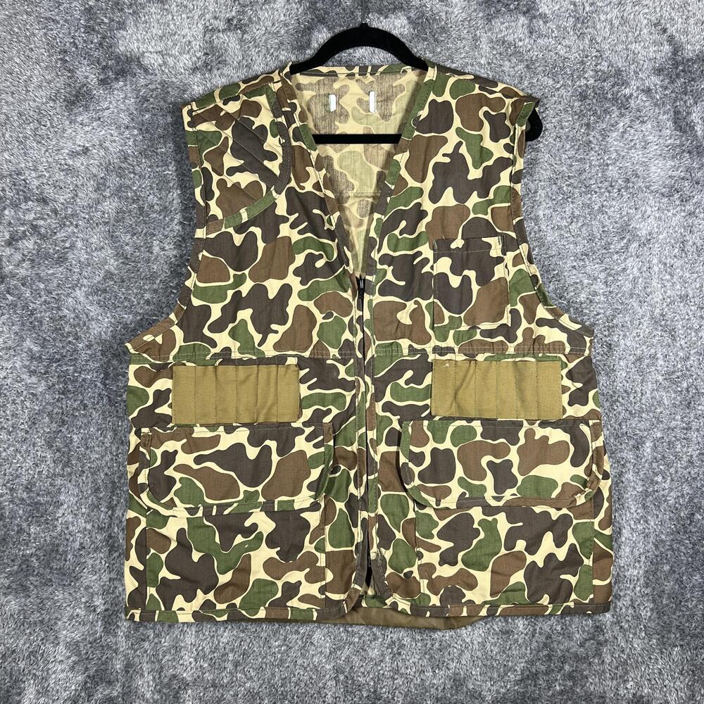 Vintage Duck Camo Vest Mens Large Green Camouflage Military Style Full Zip